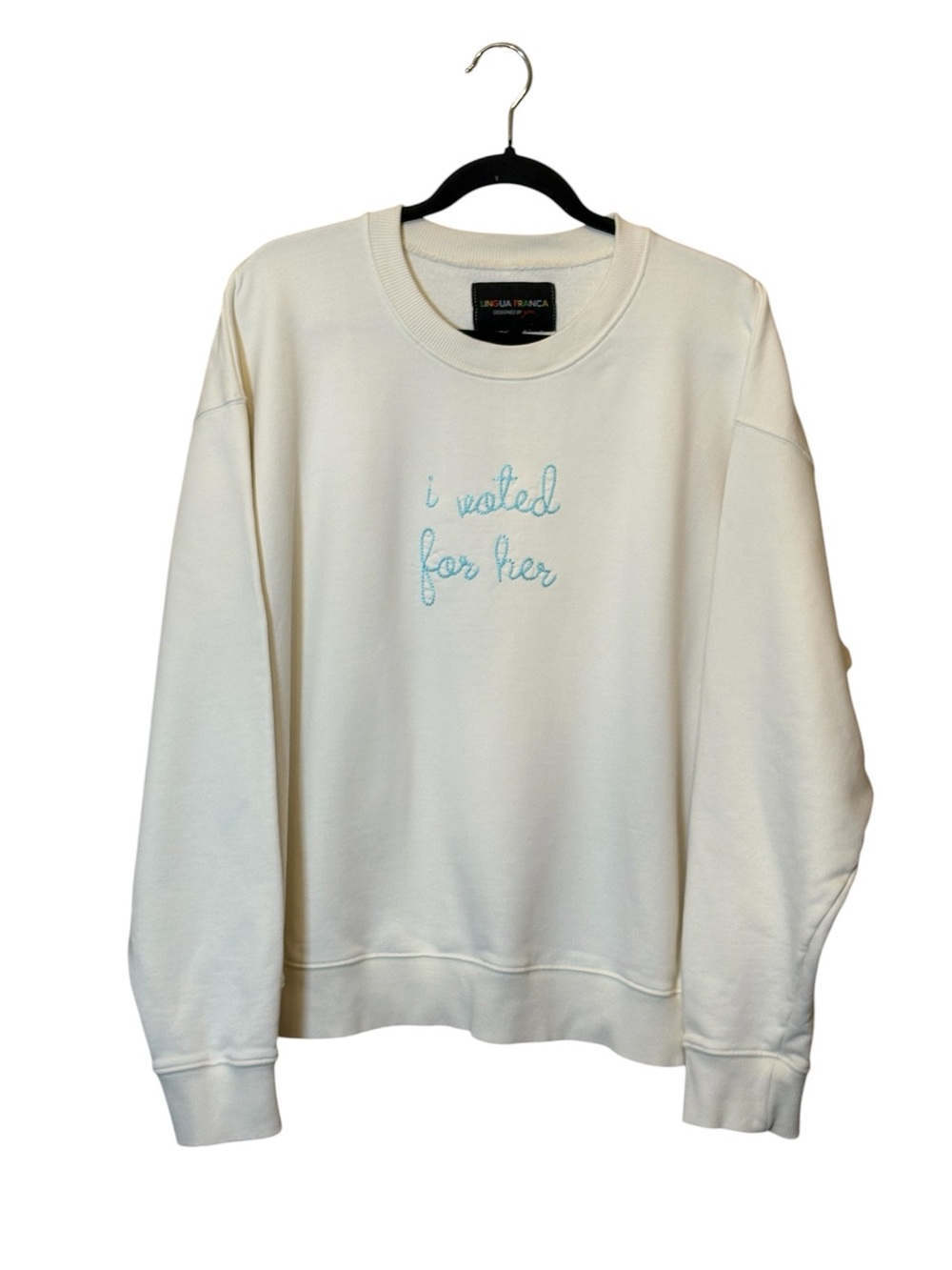 LINGUA FRANCA Ivory,Unisex Crewneck Hand Embroidered,Size XL,100% Organic Cotton